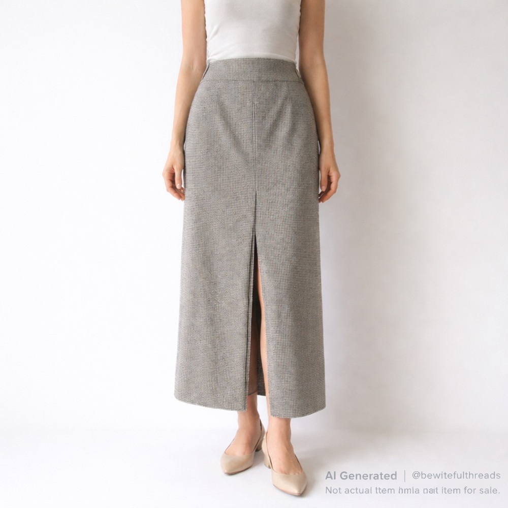 Vintage Wool Blend Micro-Check Midi Skirt US 6–8 Lined Front Slit